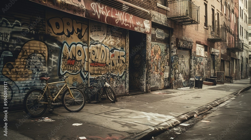 Wall mural Picture of a street with graffiti on the wall