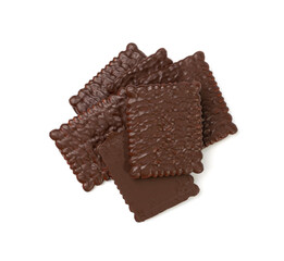 Biscuit Coated in Dark Chocolate Isolated, Square Cookies, Rectangular Shortbread, Crunchy Digestive Cookie