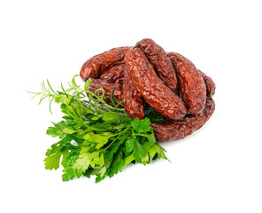Dry Smoked Sausages Isolated, Salami Sticks, Kielbasa, Cabanossi, Kabanos, Dry Embutido, Chorizo, Bratwurst