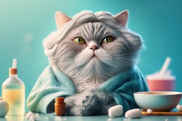 Studio shot of a cute cat enjoying spa procedure relaxing created with Generative AI technology