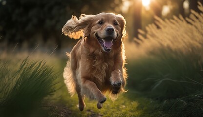 a joyful Golden Retriever running across a grassy field, with its tongue out and ears flapping, taken during the morning