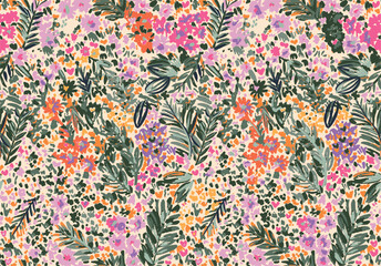 pattern of a tropical artwork, with multicolored hand drawn elements, perfect for fabrics and decoration
