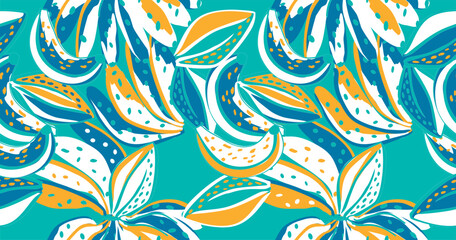 Tropical pattern made with bananas and cocoa beans, with fun and colorful background, perfect for textiles and decoration