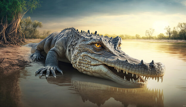 Crocodile in river AI Generated illustration photo
