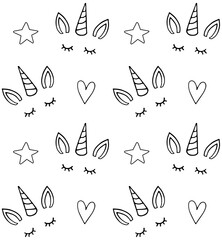 Fototapeta premium Vector seamless pattern of hand drawn sketch doodle unicorn face isolated on white background