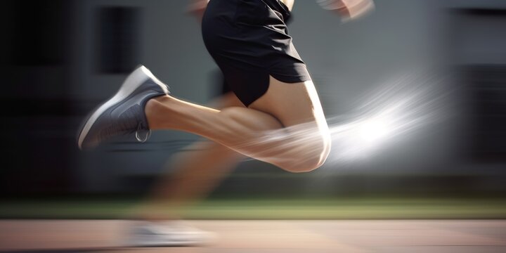 A close-up of a runners legs in motion, set against a blurred, dynamic background, concept of Kinetic energy, created with Generative AI technology