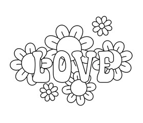 Vector retro groovy outline love lettering with flowers isolated on white background