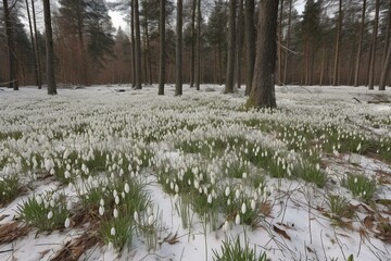 Meadow full of snowdrops growing out of melting snow  AI generativ. Generative AI