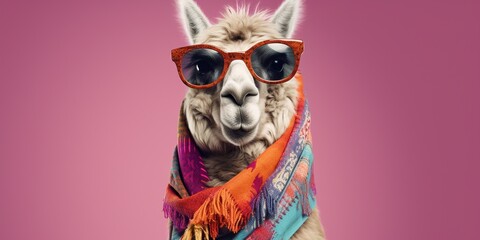 llama wearing patterned scarf and sunglasses, posed against a simple, bright backdrop, invoking a sense of quirky, laid-back style, concept of Playful demeanor, created with Generative AI technology