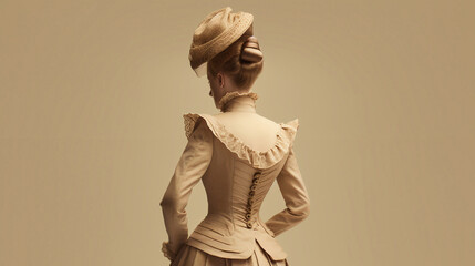 Woman dressed in Victorian era 19th century clothing on beige background, created with Generative AI Technology