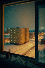 night city view, view of a snowy city from the window of a building, image created with ia