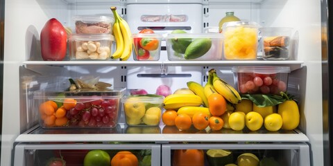 scrubbed and spotless refrigerator interior, fresh produce and neatly arranged containers after thorough cleaning session, concept of Sanitary Maintenance, created with Generative AI technology