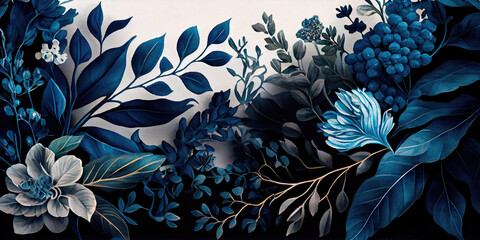 Watercolor floral background with dreamy intricate details playing with pastel hues and mysterious black and blue plants. Generative AI