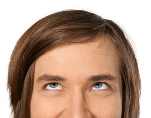 Head shot of a college aged caucasian male looking up