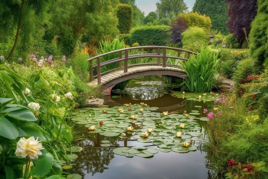 Beautiful Victorian garden with rose bush and bridge over pond with water lilies. Fantasy english countryside landscape. Generative AI
