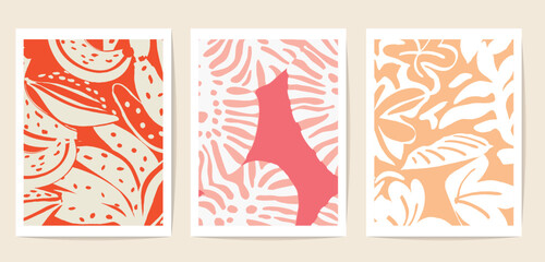 set of three postcards with natural abstract motifs drawn by freehand brush. perfect contemporary element for decoration
