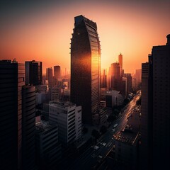 ajestic Skyscraper Overlooking Vibrant City at Golden Hour - Awe-Inspiring Urban Landscape Photograph