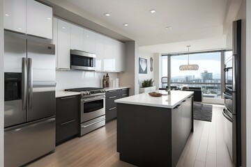 beautiful clean and modern kitchen interior design, kitchen island, minimalistic style, Generative AI