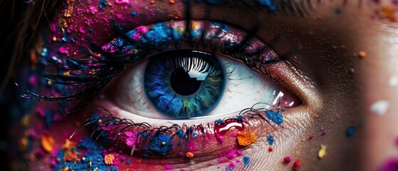 Human eye close up with colorful paint , ink splashes and drips, Generative AI	