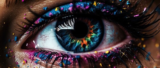 Human eye close up with colorful paint , ink splashes and drips, Generative AI	