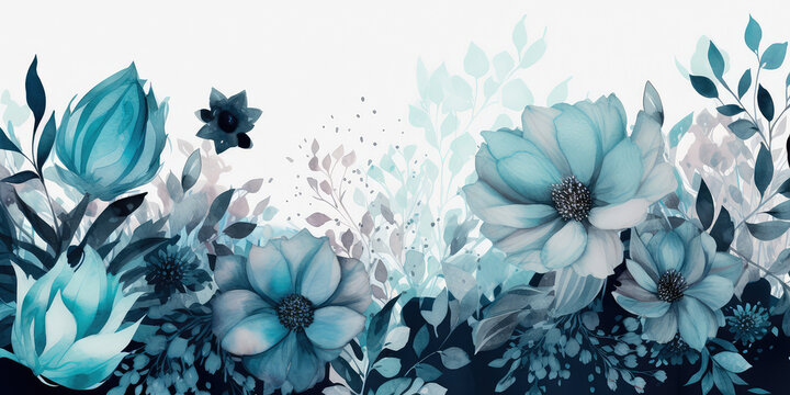 Watercolor floral background with dreamy intricate details playing with pastel hues and mysterious black and blue plants. Generative AI