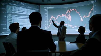 Obraz premium Businessmen discussing stock charts, finance, business meeting, multiple people, Generative AI