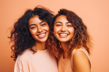 Two fun loving smiling multiethnic females posing in studio against orange background. Generative AI.