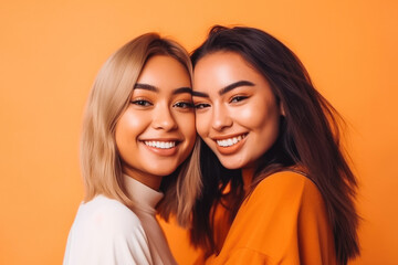 Two fun loving smiling multiethnic females posing in studio against orange background. Generative AI.