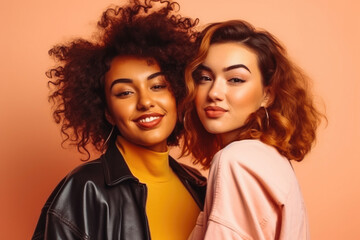 Two fun loving smiling multiethnic females posing in studio against orange background. Generative AI.