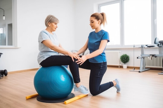 Full body shot of female physiotherapist doing exercises. Young caucasian physio therapist holding yoga ball at the studio.