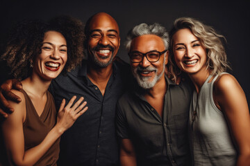 Fototapeta premium Four fun loving multiethnic males and females posing in studio against dark background. Generative AI.