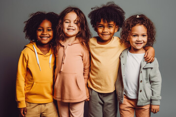 Four fun loving cheerful happy multiethnic children posing in studio. Generative AI.