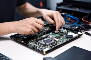 IT computer repair specialist repairing a laptop or other electronic device. High quality generative AI