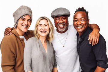 Four fun loving multiethnic males and females posing in studio against light background. Generative AI.