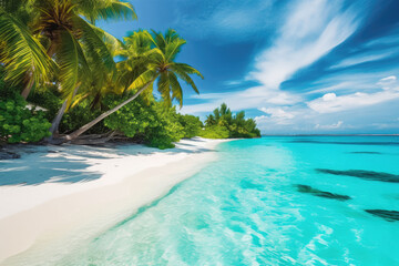 Fototapeta premium Tropical beach in the maldives. Paradise beach tropical resort with clear blue water and palm trees. Generative AI.
