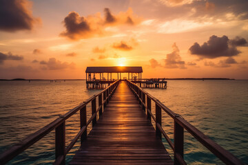Fototapeta premium Romantic sunset on pier with villas on the water. Beautiful beach with clear blue water and bungalows. Generative AI.