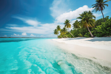Fototapeta premium Tropical beach in the maldives. Paradise beach tropical resort with clear blue water and palm trees. Generative AI.