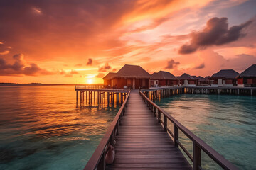 Obraz premium Romantic sunset on pier with villas on the water. Beautiful beach with clear blue water and bungalows. Generative AI.