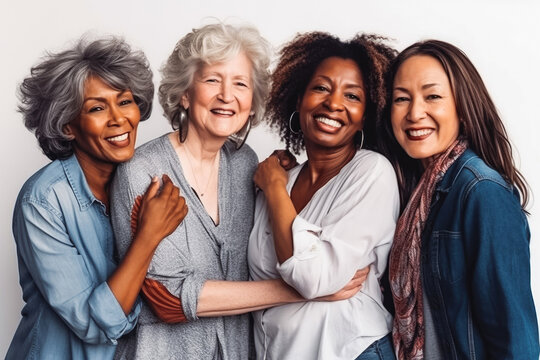 Four fun loving playful smiling multiethnic older women posing in the studio against light background. Generative AI.
