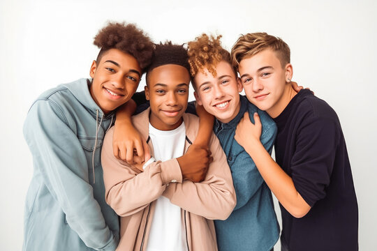 Four fun loving smiling cheerful multiethnic teen males posing in studio against light background. Generative AI.