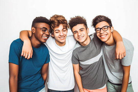 Four fun loving smiling cheerful multiethnic teen males posing in studio against light background. Generative AI.