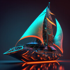 Futuristic Sailing Ship Neon Art Wallpaper