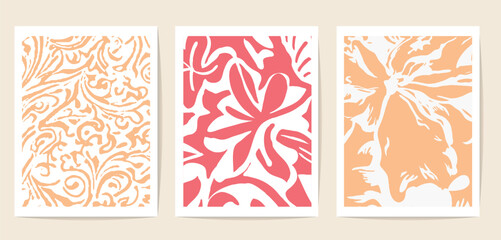 Fototapeta na wymiar set of three postcards with natural abstract motifs drawn by freehand brush. perfect contemporary element for decoration