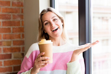 pretty young woman with a hot coffee drink. house interior design