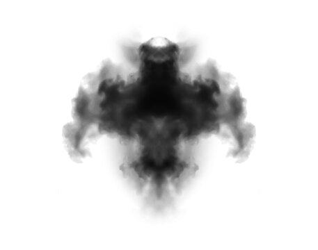 Black smoke, dark cloud or vape fog flare with vapor of steam, gas or bomb explosion in rorschach test. Abstract art design element or cloudy dust pollution isolated on transparent png background