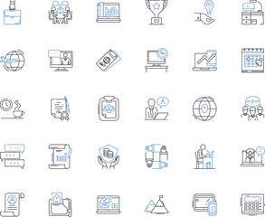 Business center line icons collection. Workspace, Meeting, Office, Conference, Nerking, Collaboration, Productivity vector and linear illustration. Efficiency,Flexibility,Reception outline signs set