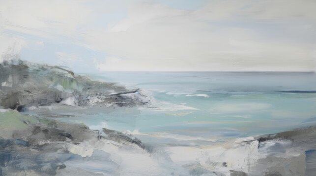 Serene coast with soft pastel blues and gray