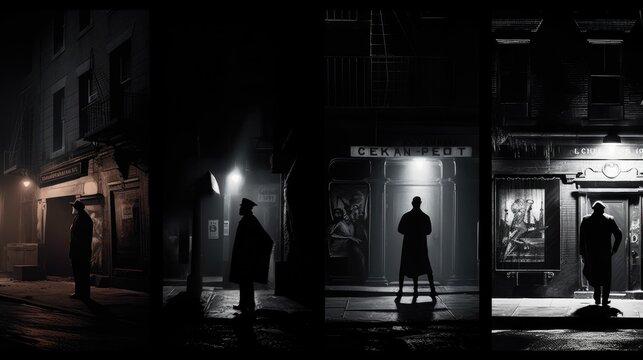 Gritty urban landscapes with shadowy figures