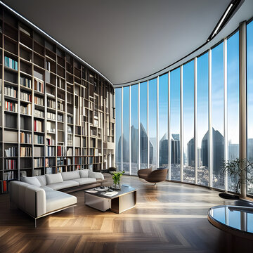 Modern apartment Livingroom library overlooking the city. Generative ai illustration