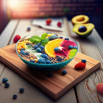 Brighten Up Your Day with this Colorful Smoothie Bowl Brimming with Fresh Fruits and Granola on a Rustic Wooden Board